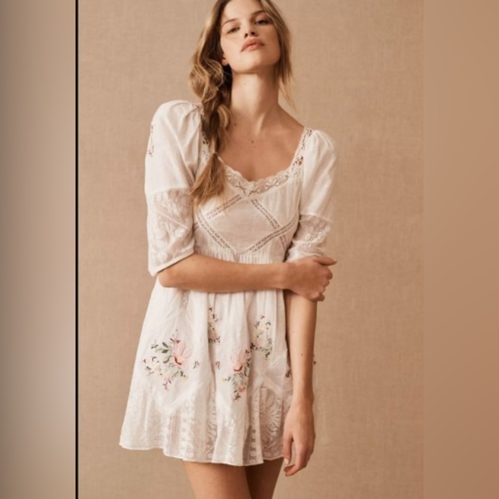 LoveShackFancy Ornella White Floral-Embroidered Mini Dress